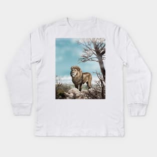 Lion king a wild animal. Wild African lion in nature. Retro style. Realistic Oil painting illustration. Wildlife ART Hand Drawing Kids Long Sleeve T-Shirt